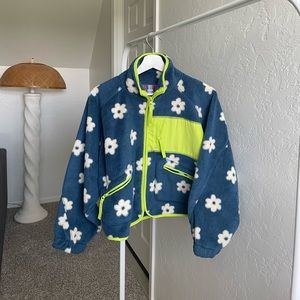 Urban Outfitters Stormi Flower Fleece Zip Up Jacket - XS - Green / Blue